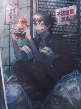 1boy black_boots black_hair black_jacket black_pants blue_eyes boku_no_hero_academia boots burn_scar chain-link_fence cheek_piercing closed_mouth collarbone commentary dabi_(boku_no_hero_academia) earrings english_commentary face_piercing fence from_side full_body hair_between_eyes half-closed_eyes holding holding_stuffed_toy jacket jewelry looking_at_object male_focus pants piercing rain scar short_hair short_sleeves solo spiked_hair squatting st31010 stitched_face stitches stuffed_toy translation_request trash_bag wet