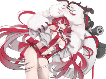 1girl baobhan_sith_(fate) baobhan_sith_(swimsuit_pretender)_(first_ascension)_(fate) breasts cernunnos_(fate) cleavage colored_inner_hair fate/grand_order fate_(series) grey_hair hood kanisan666 large_breasts long_hair looking_at_viewer multicolored_hair open_mouth pointy_ears red_eyes solo stuffed_animal stuffed_toy swimsuit thigh_strap