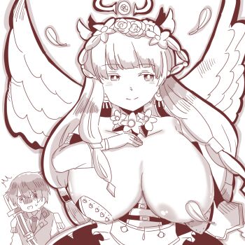 1boy 1girl angel bad_id bad_pixiv_id breasts chaos_therese_(grimms_notes) closed_mouth ex_(grimms_notes) ex_(original)_(grimms_notes) grimms_notes huge_breasts long_hair monochrome odai_0715 open_mouth short_hair smile