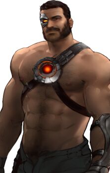 1boy abs arm_hair bara beard brown_hair bulge chest_hair chest_harness cowboy_shot dopey_(dopq) eye_mask facial_hair flaccid glowing goatee_stubble harness highres kano_(mortal_kombat) large_pectorals looking_at_viewer male_focus male_pubic_hair mask mature_male mortal_kombat_(series) muscular muscular_male mustache mutton_chops navel navel_hair nipples open_fly pectorals penis penis_peek pubic_hair pubic_hair_peek short_hair solo stomach stubble thick_eyebrows topless_male