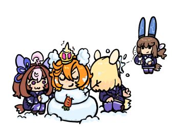 4girls :3 admire_vega_(umamusume) ahoge animal_ears blonde_hair blue_coat blush bow breasts brown_hair buttons carrot closed_eyes closed_mouth coat crown double-breasted double-parted_bangs ear_covers ear_ribbon hair_between_eyes hairband holding holding_snowball horse_ears horse_girl horse_tail long_hair long_sleeves medium_hair meisho_doto_(umamusume) mini_crown multicolored_hair multiple_girls narita_top_road_(umamusume) orange_hair pikminpreggedup pink_crown pink_hairband ponytail purple_eyes purple_serafuku purple_skirt purple_thighhighs school_uniform serafuku short_hair single_ear_cover skirt smile snowball snowball_fight snowman t.m._opera_o_(umamusume) tail thighhighs tracen_school_uniform tracen_winter_coat two-tone_hair umamusume umamusume:_road_to_the_top white_hair winter_clothes winter_coat winter_uniform