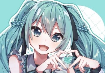 1girl aqua_eyes aqua_hair four-finger_heart_hands hamano_yui hatsune_miku heart heart_hands long_hair looking_at_viewer open_mouth own_hands_together portrait smile solo twintails vocaloid