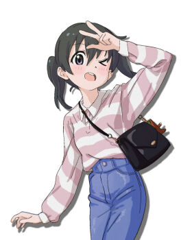 bag black_hair blush denim feet_out_of_frame female_focus handbag highres jeans kuraue_hinata long_hair long_sleeves looking_at_viewer one_eye_closed open_mouth pants purple_eyes shadow shirt shirt_tucked_in simple_background standing striped_clothes striped_shirt teeth v white_background yama_no_susume