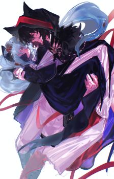 1boy 1girl absurdres alternate_costume black_bow black_hair blue_eyes bow commission fate/grand_order fate_(series) hair_between_eyes hair_bow hair_ornament halloween halloween_costume highres long_hair morgan_le_fay_(fate) oberon_(fate) oberon_(third_ascension)_(fate) short_hair third-party_source very_long_hair white_hair