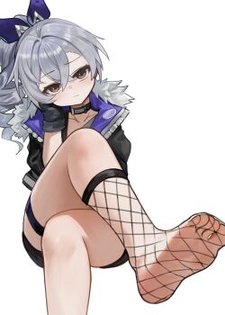 1girl black_gloves black_jacket commentary_request crossed_legs dokomon feet fishnet_socks fishnets foot_focus foot_out_of_frame fur-trimmed_jacket fur_trim gloves grey_hair highres honkai:_star_rail honkai_(series) jacket korean_commentary no_shoes silver_wolf_(honkai:_star_rail) simple_background sitting socks soles solo toes white_background