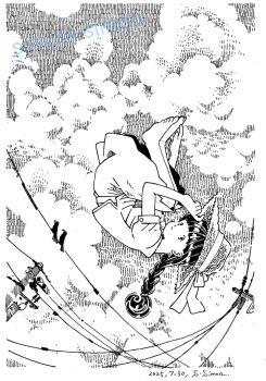 Rule 34 | 1girl, artist name, barefoot, bird, bird on power lines, blunt bangs, border, bow, braid, cloud, commentary request, dated, fetal position, floating hair, from side, full body, greyscale, hand up, hat, hat bow, hatching (texture), linear hatching, long hair, looking at viewer, looking to the side, monochrome, original, outdoors, power lines, puffy short sleeves, puffy sleeves, shirt, short sleeves, single braid, skirt, sky, solo, straw hat, sun hat, traditional media, upside-down, utility pole, white border, zpihr6jprso2r2l