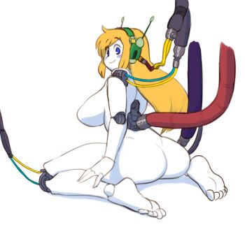 1girl android ass barefoot blonde_hair blue_eyes blush_stickers breasts cable colored_skin curly_brace doukutsu_monogatari from_behind full_body joints kneeling large_breasts long_hair looking_at_viewer looking_back no_nipples noill nude robot_ears robot_joints sideboob smile solo white_skin