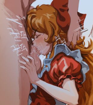 1boy 1girl apron blonde_hair bow bowtie clothed_female_nude_male clothed_sex crying_with_eyes_closed deep_penetration deepthroat dress elise_liedl fellatio female_focus forced frilled_apron frilled_dress frilled_skirt frills from_side hand_on_another&#039;s_hip head_out_of_frame hetero holding_detached_head huge_penis huge_testicles irrumatio korean_commentary korean_text lesbian_conversion little_goody_two_shoes long_hair maid motion_lines nude oral orientation_play penis profile pushing_down rape red_dress saliva saliva_trail sketch skirt source_request tears testicles unfinished
