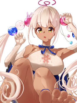 1girl absurdres barefoot blue_nails breasts commentary_request dark-skinned_female dark_skin dress elbow_gloves feet foreshortening gloves hair_ornament highres hololive hololive_english large_breasts long_hair looking_at_viewer nail_polish open_mouth planet_hair_ornament solo toenail_polish toenails toes tsukumo_sana tsukumo_sana_(1st_costume) twintails u_da_desu very_long_hair virtual_youtuber whiskers white_background white_dress white_gloves yellow_eyes