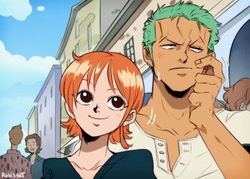 1girl 2023 5boys artist_name averting_eyes bandana_around_arm black_eyes blue_shirt blue_sky building closed_mouth cloud cloudy_sky collarbone commentary crowd derivative_work english_commentary green_hair light_blush looking_at_another motion_lines multiple_boys nami_(one_piece) nami_(one_piece)_(loguetown) official_alternate_costume one_piece orange_hair outdoors rolo's_art roronoa_zoro screenshot_redraw shirt short_hair sky smile sweatdrop tan unbuttoned upper_body v-neck white_shirt