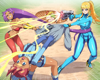 4girls ass bare_shoulders blonde_hair blue_eyes bodysuit boots bra breasts crop_top crossover dark-skinned_female dark_skin gloves gun high_heels large_breasts long_hair metroid multiple_girls nintendo oc_x_canon original pants paralyzer pokemon pokemon_bw purple_hair red_hair samus_aran see-through_clothes shantae shantae_(series) shorts skyla_(pokemon) suspenders sweater teeth thigh_strap underwear very_long_hair weapon yamcha_pose_(meme) zuchysdraws