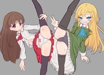 2girls ass black_panties black_thighhighs blonde_hair blue_eyes bow bow_panties brown_hair dress feet flexible green_dress grey_background grin highres holding_own_leg ib_(ib) ib_(kouri) kneepits leg_lift leg_up legs long_hair looking_at_viewer lungo_arc mary_(ib) multiple_girls navel no_shoes panties red_eyes red_skirt shirt simple_background skirt smile split standing standing_on_one_leg standing_split thighhighs thighs toes underwear v white_panties white_shirt