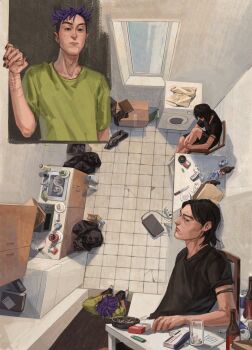 2boys absurdres ashtray black_shirt bottle can chair cigarette_pack commentary computer drink_can drugs elbow_rest english_commentary from_above full_body green_shirt highres kitchen knee_up knife laptop male_focus multiple_boys multiple_views nam-gyu purple_hair sadbuttruedog02 self-harm self-harm_scar shirt sitting squid_game standing syringe t-shirt thanos_(squid_game) trash_bag wrist_cutting