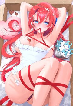 Rule 34 | 1girl, absurdres, apron, armpits, arms behind head, blue eyes, blue ribbon, blush, box, breasts, candy, chocolate, chocolate heart, chocolate on body, chocolate on breasts, closed mouth, commentary, commission, deermiko, earrings, english commentary, eyelashes, food, food on body, hair ribbon, handprint, heart, heart-shaped food, heart-shaped pillow, heart-shaped pupils, highres, in box, in container, jewelry, long hair, mouth hold, naked apron, phase connect, pillow, red hair, ribbon, ribbon in mouth, sinon sinfonia, symbol-shaped pupils, virtual youtuber, white apron