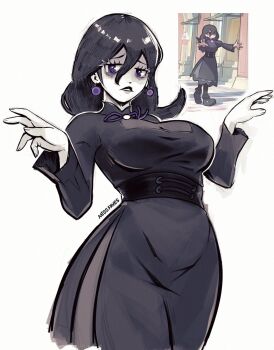 Rule 34 | 1girl, alternate breast size (larger), black hair, breasts, dress, earrings, hair between eyes, hex maniac (pokemon), hex maniac (pokemon legends: z-a), highres, jewelry, large breasts, long hair, looking at viewer, messy hair, miss faves, nintendo, pokemon, pokemon legends: z-a, purple eyes, simple background, solo, very long hair