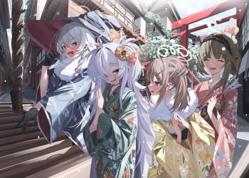 4girls arrow_(projectile) black_gloves black_hairband black_hat blue_archive blush brown_eyes brown_hair brown_halo closed_eyes commentary_request crossed_bangs eri_(blue_archive) floral_print floral_print_kimono fur-trimmed_kimono fur_trim gloves green_hair green_kimono grey_hair grey_halo grey_kimono hair_between_eyes hair_bun hair_over_one_eye hairband halo hat holding holding_arrow japanese_clothes kanoe_(blue_archive) kimono kuwa_za lolita_hairband long_hair looking_at_another looking_at_viewer multiple_girls open_mouth orange_halo own_hands_together pink_kimono print_kimono rena_(blue_archive) steepled_fingers tsumugi_(blue_archive) two_side_up witch_hat yellow_kimono