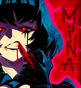 1girl absurdres black_hair black_lips blood blood_from_mouth blood_on_face blood_on_hands bob_cut character_name choker clenched_teeth close-up commentary deadlock_(game) english_commentary gloves highres makeup medium_hair mina_(deadlock) red_background red_eyes runny_makeup shaded_face slim_(sl1m_skull) solo teeth vampire