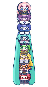 Rule 34 | 1boy, 6+girls, :3, a.i. voice, absurdly long hair, absurdres, adachi rei, akita neru, aqua eyes, aqua hair, aqua necktie, belt, black shirt, black skirt, black sleeves, blonde hair, blue eyes, blue hair, closed mouth, commentary, detached sleeves, dot mouth, drill hair, english commentary, goggles, goggles on head, green eyes, green hair, grey shirt, gumi, hatsune miku, headphones, headset, highres, human tower, jacket, kaito (vocaloid), kasane teto, kasane teto (utau), long hair, long sleeves, medium hair, megurine luka, multiple girls, necktie, open clothes, open jacket, orange belt, orange eyes, orange hair, pink hair, purple eyes, purple hair, rainbow order, red-tinted eyewear, red eyes, red goggles, red hair, shirt, short hair, side ponytail, skirt, sleeveless, sleeveless shirt, stacking, tinted eyewear, triple baka (vocaloid), twin drills, twintails, utane uta, utau, very long hair, vocaloid, white jacket, yananang, yellow eyes, yellow necktie