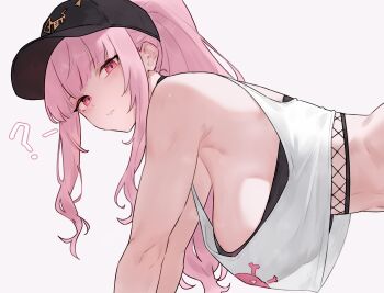 1girl ? armpits bent_over black_hat bluefield breasts commentary english_commentary hanging_breasts hat highres hololive hololive_english large_breasts long_hair looking_at_viewer mori_calliope mori_calliope_(streetwear) official_alternate_costume pink_eyes pink_hair ponytail sideboob solo virtual_youtuber