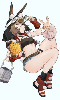 02_(0203rei_ni) 1girl :p animal animal_ears arknights belt blue_background breasts brown_belt brown_hair caper_(arknights) caper_(summer_flowers)_(arknights) commentary crop_top drink drinking_straw feet fingerless_gloves fingernails full_body glasses glint gloves highres holding holding_drink looking_at_viewer midriff navel official_alternate_costume orange_eyes orange_gloves profile rabbit removing_eyewear short_hair simple_background small_breasts solo tinted_eyewear toenails toes tongue tongue_out visor_cap yellow-tinted_eyewear