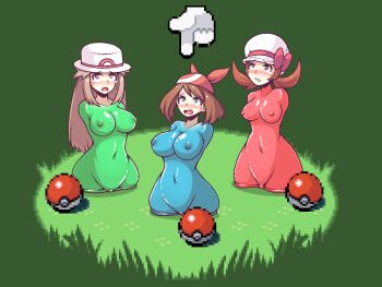 3girls artificial_vagina blush breasts crying crying_with_eyes_open grass highres ink_(inksgirls) leaf_(pokemon) lyra_(pokemon) may_(pokemon) multiple_girls nintendo objectification onahole_transformation poke_ball pokemon pokemon_frlg pokemon_hgss pokemon_rse sex_toy simple_background tagme take_your_pick tears transformation
