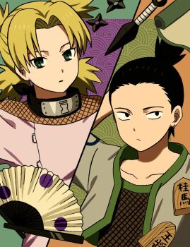 1boy 1girl black_eyes black_hair blonde_hair closed_mouth cropped_jacket fishnets folding_fan green_eyes hand_fan highres jacket kena0n kunai nara_shikamaru naruto_(classic) naruto_(series) open_clothes open_jacket parted_lips ponytail quad_tails scroll short_hair short_ponytail shuriken sunagakure_symbol temari_(naruto) upper_body weapon