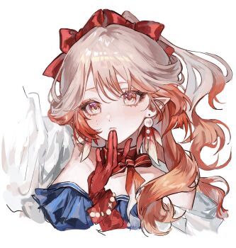 1girl arknights bare_shoulders bow choker closed_mouth cropped_shoulders earrings gloves grey_eyes grey_hair hair_bow hand_to_own_mouth haruka_(arknights) highres jewelry long_hair looking_at_viewer mor1np orange_hair pointy_ears red_bow red_choker red_gloves simple_background solo white_background