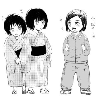 3girls aged_down blush blush_stickers child commentary flying_sweatdrops full_body greyscale hiding hiding_behind_another highres jujutsu_kaisen kugisaki_nobara monochrome multiple_girls open_mouth scared shiopan_daisuki short_hair sparkle teeth translation_request upper_teeth_only zen'in_mai zen'in_maki