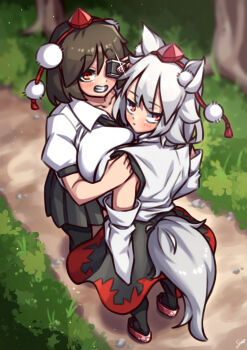 2girls absurdres animal_ears black_hair black_legwear black_neckwear black_skirt blurry blurry_background breast_press breasts camera closed_mouth detached_sleeves expressionless forest grass grin hat highres holding holding_camera holding_person huge_breasts inubashiri_momiji looking_at_viewer multiple_girls nature nikuatsu_magician_shinbo outdoors path pleated_skirt pom_pom_(clothes) puffy_short_sleeves puffy_sleeves red_eyes red_footwear red_headwear road shameimaru_aya shirt short_hair short_sleeves skirt smile symmetrical_docking tail taking_picture tokin_hat touhou tree white_hair white_shirt wide_sleeves wolf_ears wolf_tail
