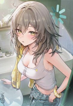 1girl absurdres bathroom bathtub breasts camisole cleavage commentary grey_camisole grey_hair grey_pants highres honkai:_star_rail honkai_(series) large_breasts loading_icon looking_at_viewer medium_hair midriff_peek navel pants scrunchie sink solo stelle_(honkai:_star_rail) towel towel_on_one_shoulder trailblazer_(honkai:_star_rail) wrist_scrunchie yellow_eyes zije