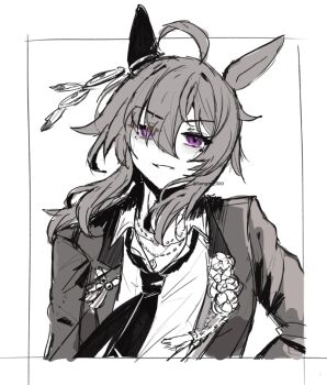 1girl :d ahoge animal_ears collared_shirt ear_covers feathers greyscale hair_between_eyes horse_ears horse_girl jacket long_hair looking_at_viewer monochrome nakayama_festa_(festival_game)_(umamusume) nakayama_festa_(umamusume) necktie open_mouth purple_eyes shirt single_ear_cover smile solo songdu spot_color twitter_username umamusume upper_body v-shaped_eyebrows white_background