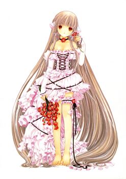 1girl absurdly_long_hair absurdres barefoot black_choker blonde_hair bouquet breasts chii chobits choker clamp clamp_(circle) cleavage cross-laced_clothes dress feet flower frilled_dress frills highres holding holding_flower lolita_fashion long_hair looking_at_viewer medium_breasts nipple_clamps official_art pink_dress red_flower robot_ears solo very_long_hair white_background