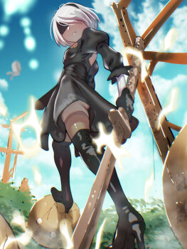 1girl 2b_(nier:automata) black_boots black_gloves black_shirt black_skirt blindfold boots breasts closed_mouth covered_eyes from_below gloves high_heel_boots high_heels highres holding holding_sword holding_weapon long_sleeves machine_(nier) nier:automata nier_(series) outdoors puffy_short_sleeves puffy_sleeves shirt short_hair short_sleeves skirt skirt_set small_breasts solo soon_(c-u-soon) sword thigh_boots weapon white_hair