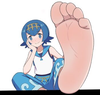 1girl barefoot blue_eyes blue_hair blue_pants bright_pupils bunny_(1softbunny) closed_mouth commentary feet foot_focus gold_hairband hairband hand_up head_rest highres lana_(pokemon) looking_at_viewer nintendo no_sclera pants pokemon pokemon_sm shirt short_hair sleeveless sleeveless_shirt smile soles solo split_mouth swimsuit swimsuit_under_clothes toes wave_print white_background white_pupils white_shirt
