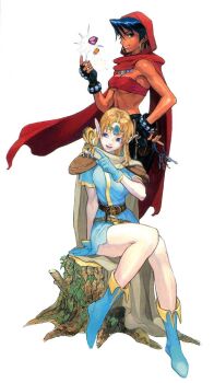 2girls :d animal arm_support armor bandeau bare_legs bare_shoulders belt belt_skirt black_gloves black_hair blonde_hair blue_eyes blue_footwear blue_gloves boots bra breasts capcom cape circlet cleavage closed_mouth d&amp;d dark-skinned_female dark_skin dress dungeons_&amp;_dragons:_chronicles_of_mystara earrings elf fantasy fingerless_gloves forehead_jewel gem gloves hair_between_eyes hand_on_own_hip happy headpat hood hoop_earrings jewelry kayla kayla_(chronicles_of_mystara) key knees_together_feet_apart leaf light_smile lingerie lipstick long_hair long_pointy_ears looking_at_viewer makeup midriff moriah_(chronicles_of_mystara) multiple_girls necklace nishimura_kinu official_art open_mouth pale_skin pants parted_bangs pauldrons pink_lips pointy_ears short_dress short_hair short_sleeves shoulder_armor simple_background sitting smile squirrel standing strapless throwing tiara tree_stump tube_top underboob underwear white_background