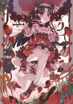 Rule 34 | 1girl, :3, animal, animal ear fluff, animal ears, black bow, black bowtie, black hair, black socks, blunt ends, blush, bow, bowtie, brown dress, cat, cat ears, cat girl, closed mouth, commentary, dress, food, fruit, full body, highres, holding, holding umbrella, long hair, long sleeves, looking at viewer, original, parted bangs, red eyes, red shoes, shoes, smile, socks, solo, standing, standing on one leg, strawberry, symbol-only commentary, thick eyebrows, tsukumi bis, twitter username, umbrella, white socks