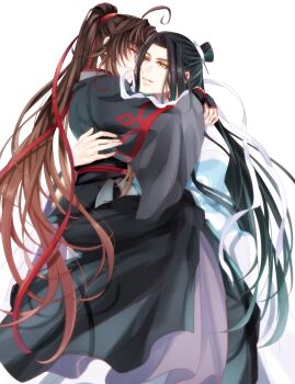 Rule 34 | 2boys, ahoge, bishounen, black hair, black hanfu, brown hair, carrying, chinese clothes, closed eyes, commentary request, couple, grin, hair ribbon, hanfu, highres, hug, kanda faf2, lan wangji, long hair, long sleeves, looking at another, male focus, modao zushi, mouth hold, multiple boys, parted lips, ponytail, princess carry, red ribbon, red sash, ribbon, ribbon in mouth, robe, sash, sidelocks, simple background, smile, teeth hold, topknot, very long hair, wei wuxian, white background, white hanfu, white ribbon, wide sleeves, xiao guan (headdress), yaoi, yellow eyes