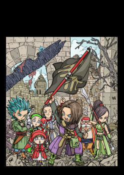 3girls 4boys androgynous bare_shoulders black_border black_hair black_shirt black_shorts blonde_hair blue_eyes blue_hair boots border braid brown_hair camus_(dq11) crop_top dragon_quest dragon_quest_xi dress facial_hair fenyon furrowed_brow green_boots green_hairband green_jacket green_shirt grey_hair hair_over_shoulder hairband hand_up hat hero_(dq11) highres holding holding_polearm holding_staff holding_weapon hood hood_down hooded_jacket jacket long_hair martina_(dq11) midriff multiple_boys multiple_girls mustache navel one_eye_closed open_mouth parted_lips petticoat phrygian_cap polearm ponytail purple_tunic red_dress red_hat row_(dq11) ruins senya_(dq11) shirt short_hair short_shorts shorts showgirl_skirt smile staff sylvia_(dq11) toriyama_akira_(style) tunic twin_braids veronica_(dq11) weapon