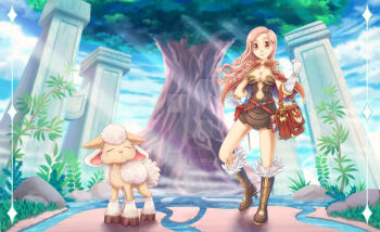 1girl amistr_(ragnarok_online) belt boots breasts brown_boots brown_dress cape cleavage closed_mouth commentary creator_(ragnarok_online) dress english_commentary full_body fur-trimmed_boots fur_trim gloves grass long_hair looking_at_viewer medium_breasts mishaii navel pink_eyes pink_hair plunging_neckline ragnarok_online red_belt red_cape sheep short_dress smile solo strapless strapless_dress tree vial watermark white_gloves