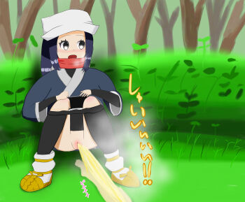 1girl akari_(pokemon) black_hair black_kimono black_pantyhose blush breath brown_sandals bush clothes_pull forest galaxy_expedition_team_survey_corps_uniform grass grey_eyes hat japanese_clothes k_(pixiv_109199668) kimono long_hair long_sleeves looking_down nature nintendo open_mouth panties panty_pull pantyhose pantyhose_pull peeing pokemon pokemon_legends:_arceus puddle pussy red_scarf relief sandals scarf socks sound_effects squatting steam tree underwear white_hat white_panties white_socks
