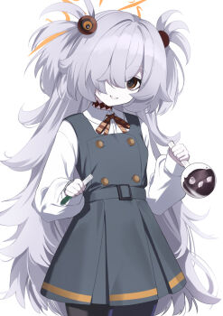 1girl black_pantyhose blue_archive breasts brown_eyes choker collared_shirt dress flask grey_dress grin hair_ornament halo highres kanoe_(blue_archive) long_hair long_sleeves looking_at_viewer neck_ribbon neko_daruma pantyhose ribbon round-bottom_flask shirt small_breasts smile solo test_tube two_side_up white_hair white_shirt