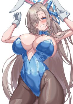 1girl absurdres animal_ear_hairband animal_ears asuna_(blue_archive) asuna_(bunny)_(blue_archive) blue_archive blue_eyes blue_halo blue_leotard bow bowtie breasts cleavage commentary detached_collar fake_animal_ears gloves grey_eyes hair_over_one_eye hairband halo highres korean_commentary large_breasts leotard long_hair mole mole_on_breast pantyhose playboy_bunny rabbit_ears rabbit_pose simple_background solo strapless strapless_leotard traditional_bowtie white_background white_gloves wrist_cuffs wxjn4348