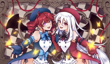 Rule 34 | 2girls, alternate costume, bare shoulders, bead bracelet, beads, beret, black bow, black bowtie, black wings, blue bow, blue bowtie, blue dress, blue gloves, blue hat, bow, bowtie, bracelet, bug, butterfly, buttons, chanpotei, checkered background, commentary, dress, drill hair, elbow gloves, english commentary, fang, fingerless gloves, gloves, hat, heart, insect, jewelry, kasane teto, long hair, multiple girls, open mouth, pink eyes, red dress, red eyes, red gloves, red hair, red hat, sukone tei, thighs, twin drills, umineko no naku koro ni, utau, very long hair, white hair, wings