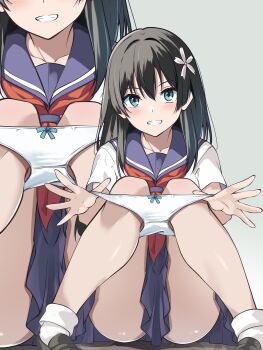 1girl black_hair blue_eyes blue_sailor_collar blue_skirt borgbutler bow bow_panties convenient_censoring flower grey_background grin hair_flower hair_ornament highres holding_panties knees_up long_hair naughty_face neckerchief panties panty_pull pleated_skirt presenting_removed_panties red_neckerchief sailor_collar sakugawa_school_uniform saten_ruiko school_uniform serafuku shirt simple_background sitting skirt smile solo teasing toaru_kagaku_no_railgun toaru_majutsu_no_index underwear white_panties white_shirt zoom_layer