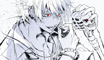1boy aohitsugi_samatoki bracelet collared_shirt ear_piercing hypnosis_mic jewelry kisaragi_koubana male_focus microphone microphone_stand monochrome open_mouth piercing red_eyes shirt short_hair short_sleeves sketch skull solo white_hair