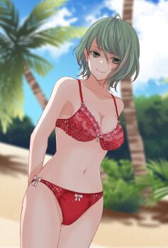 1girl arms_behind_back beach blue_sky blurry blurry_background bow bow_bra bow_panties bra breasts cleavage collarbone commentary_request day green_eyes green_hair highres navel original outdoors palm_tree panties red_bra red_panties short_hair sky smile solo standing tree tsutsumi_aya underwear underwear_only