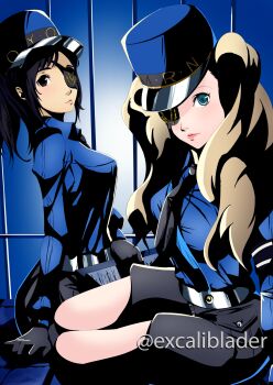 2girls atlus caroline_(persona_5) caroline_(persona_5)_(cosplay) clipboard cosplay excaliblader eyepatch gloves hat highres justine_(persona_5) justine_(persona_5)_(cosplay) looking_at_viewer megami_tensei multiple_girls necktie persona persona_5 prison_bars suzui_shiho takamaki_anne