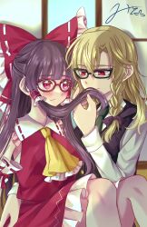 Rule 34 | 2girls, ascot, bespectacled, black-framed eyewear, blonde hair, blush, bow, braid, brown hair, closed mouth, commentary request, detached sleeves, frilled bow, frilled hair tubes, frills, glasses, green necktie, hair bow, hair tubes, hakurei reimu, highres, kirisame marisa, long hair, long sleeves, mito (fate), multiple girls, necktie, no headwear, purple bow, red-framed eyewear, red bow, red eyes, red skirt, ribbon-trimmed sleeves, ribbon trim, shirt, side braid, signature, single braid, sitting, sitting on lap, sitting on person, skirt, skirt set, smelling hair, smile, touhou, white shirt, yellow ascot, yuri