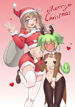 1boy 1girl antlers bell belt black_belt black_scrunchie black_thighhighs blue_eyes blue_nails blush breasts brown_hair buttons cape covering_crotch covering_privates fake_antlers fang full-face_blush fur_trim green_hair hair_between_eyes hair_ornament hat heart heart_pasties highres holding holding_sack horns kasukabe_tsumugi long_hair long_sleeves merry_christmas mole nail_polish navel neck_bell one_eye_closed one_side_up pasties reindeer_antlers reverse_bunnysuit reverse_outfit sack santa_costume santa_hat scrunchie shriohalfarm sidelocks simple_background smile thighhighs v voiceroid voicevox white_thighhighs yellow_eyes zettai_ryouiki zundamon