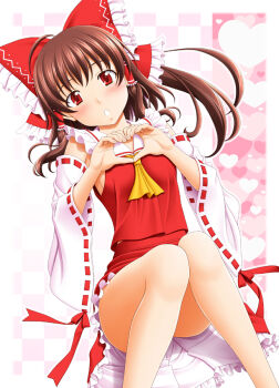 1girl blush brown_hair detached_sleeves female_focus hair_tubes hakurei_reimu heart heart_hands long_hair red_eyes sin-go sitting solo thighs touhou